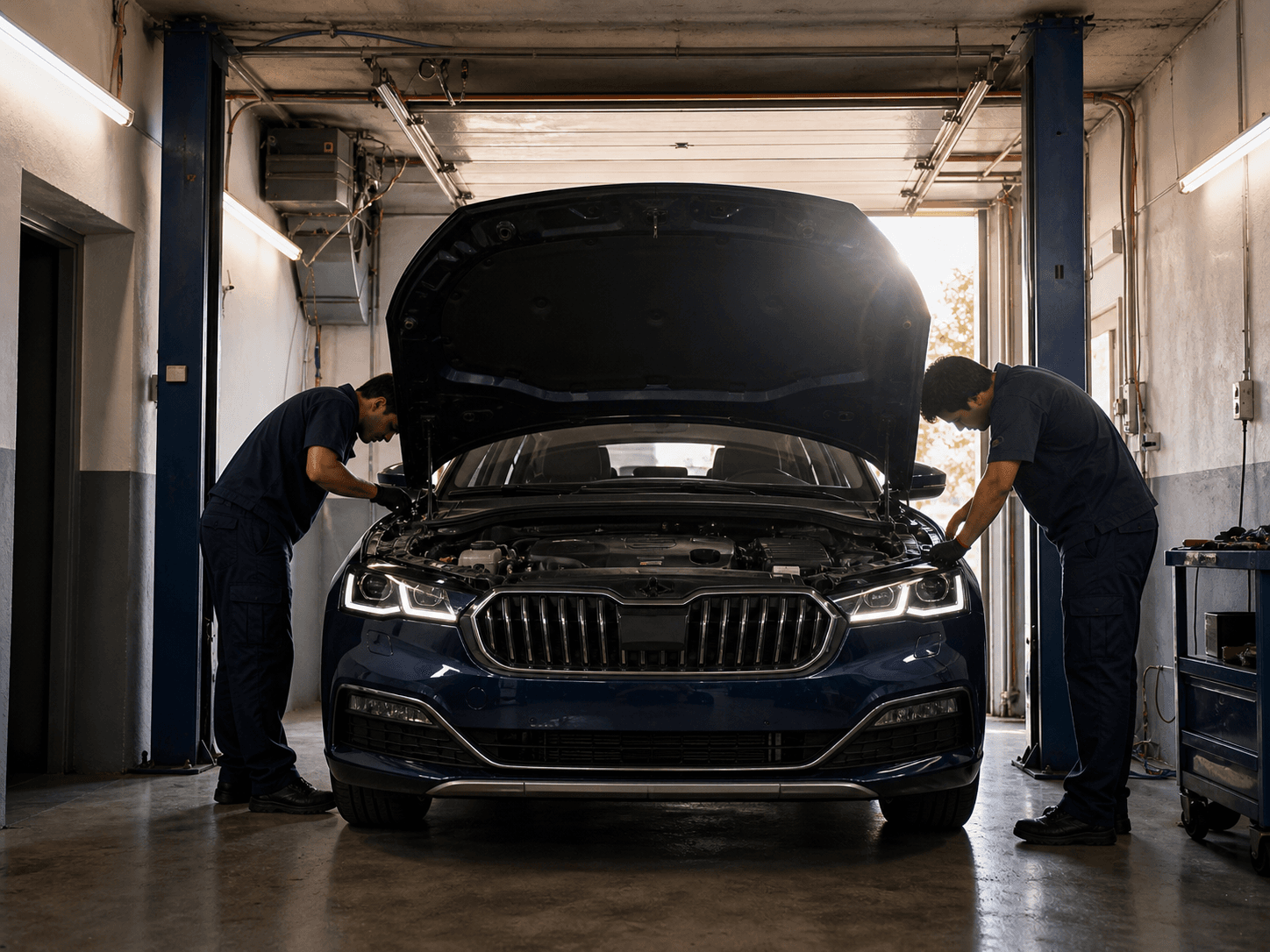 Dva mechanici kontrolují motor modrého vozu v dílně Autoservisu Holý